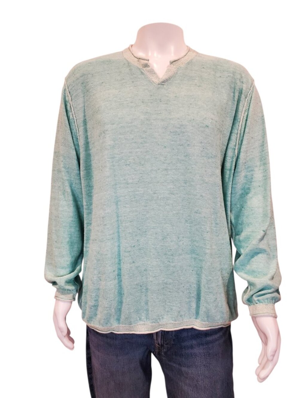 Borgo28 Notch Neck Pullover Sweater Cotton-Linen blend Heathered Green XL
